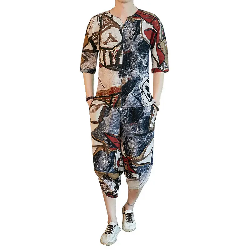 Chinese style linen short sleeve pajamas men's suit Han suit Tang suit cotton linen cropped pants youth home suit a set of tide