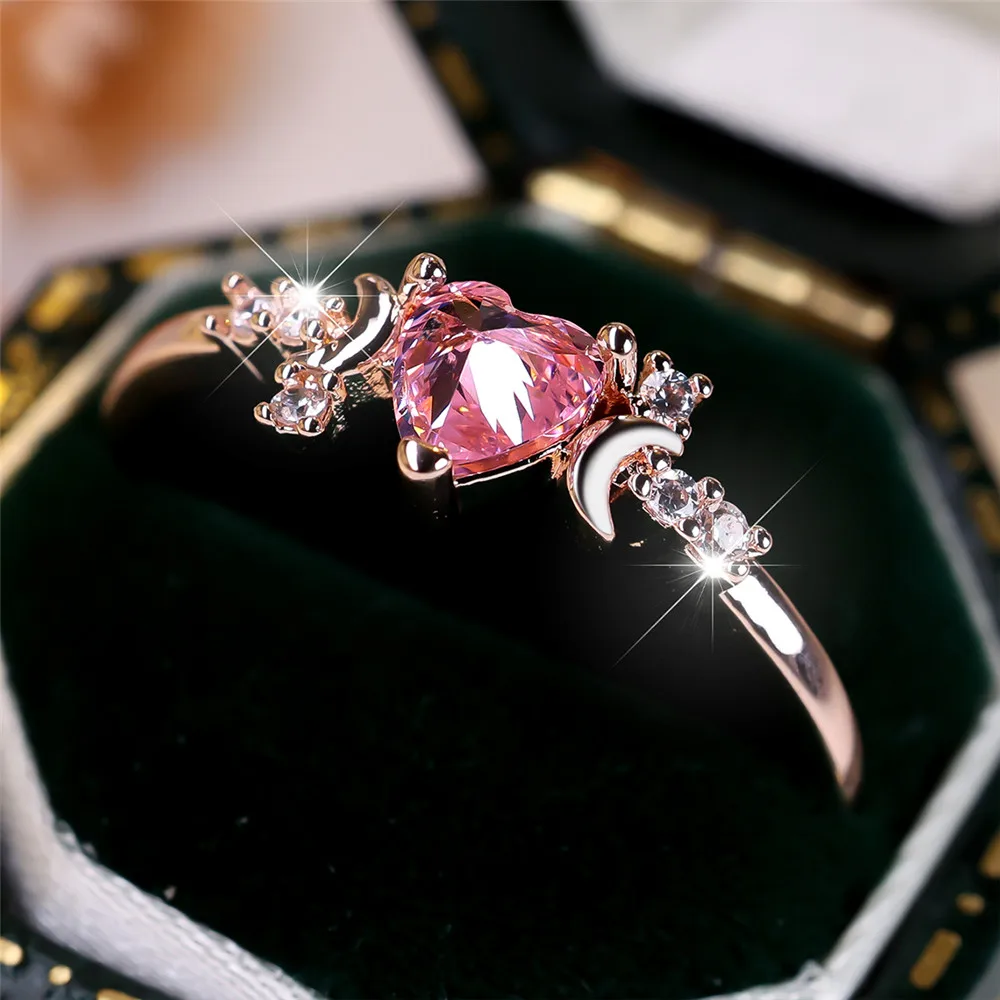 Pink Crystal Heart Stone Ring Female Cute Small Moon Rings For Women Vintage Rose Gold Color Wedding Band Bridal Jewelry