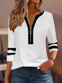 Striped Color-Block Long Sleeve T-Shirt Casual Women's Fashion Loose Female Tops Tee Autumn Winter Plus Size V-Neck Zipper Shirt 1