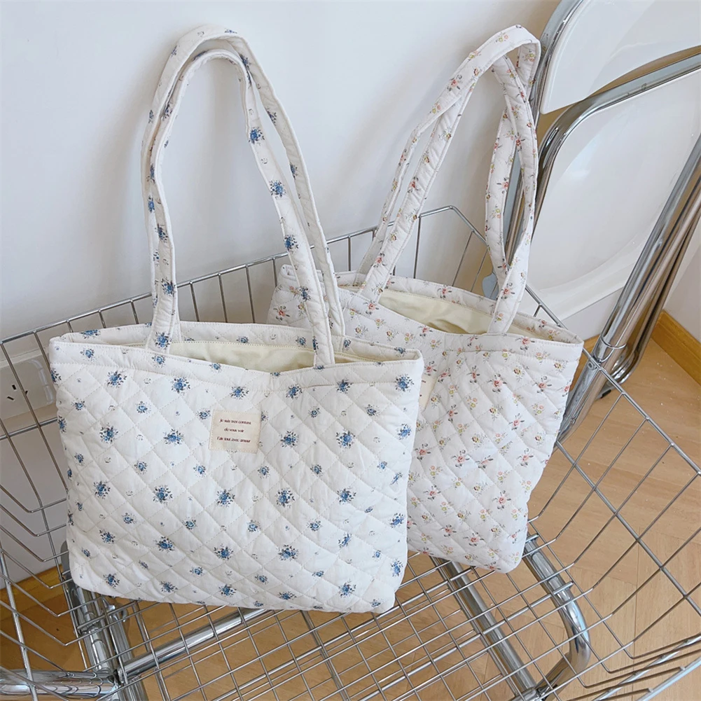 Women Quilted Diamond Lattice Handbag Large Capacity Padded Shopping Tote Lightweight Floral Shoulder Bag Cotton Chic Hobo Bag