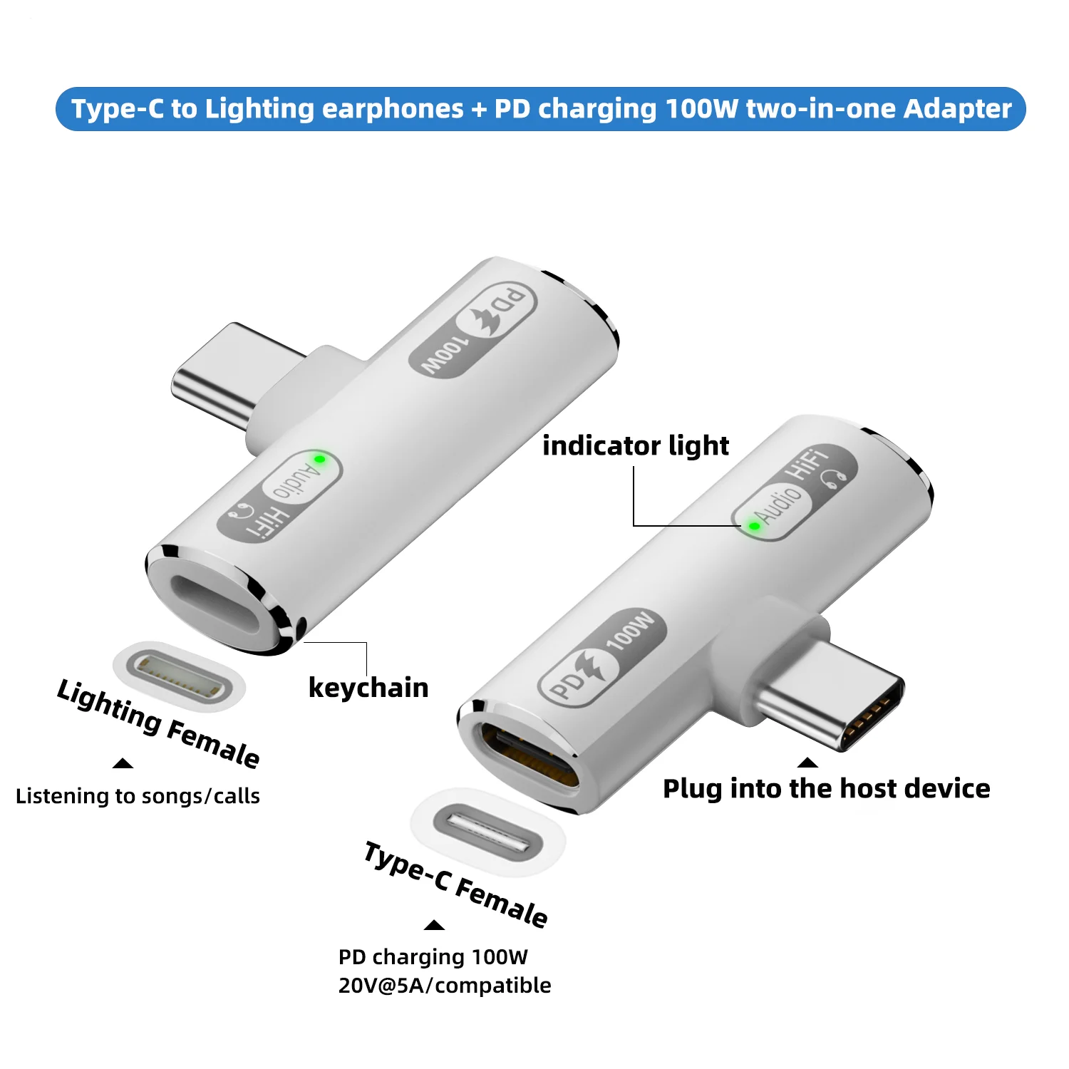 USB-C to lighting headphone jack plus Type-C PD100W fast charging two-in-one suitable for iPhone 15/16 series Type-C devices