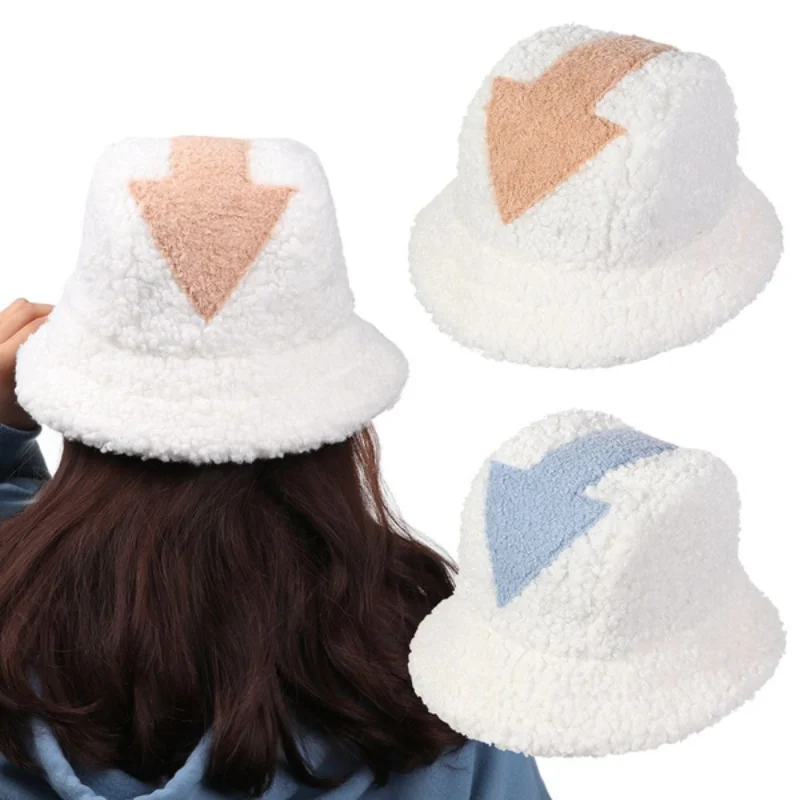 Women Appa Bucket Hat Lamb Wool Hat Winter Warm Fishing Caps Faux Fur Arrow Symbol Printed Bucket Hat for Men Tide Flat Top Hats 3