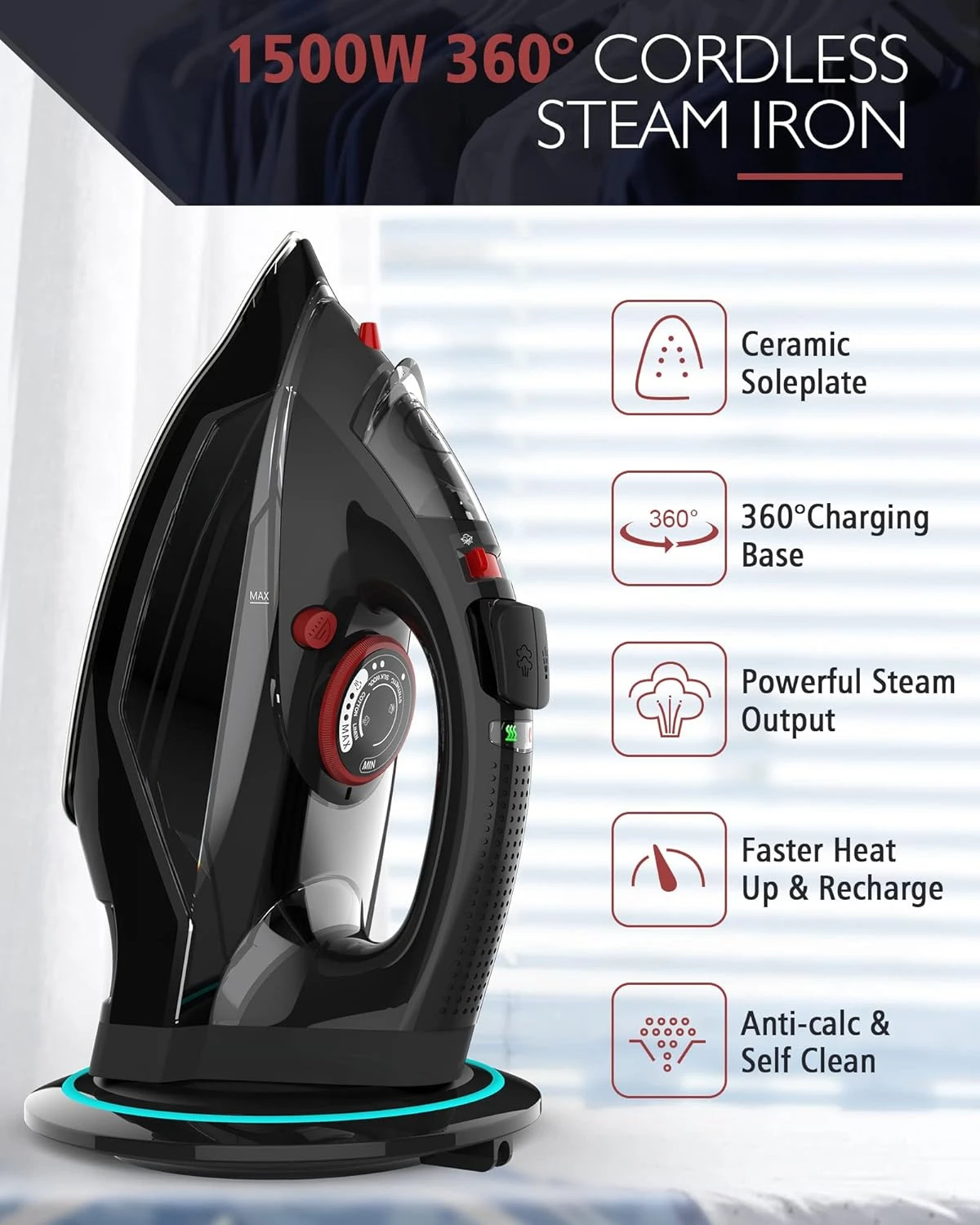 Cordless iron, 1500W cordless iron with steam - with 11.84 oz tank, with ceramic bottom plate and 3 temperature Settings 3
