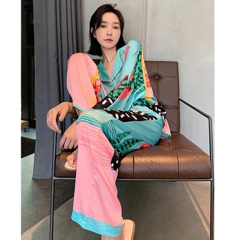 새틴 잠옷 세트, 봄 여름 홈 슈트, 바지 포함, 여성 프린트 잠옷, 실크 잠옷 세트