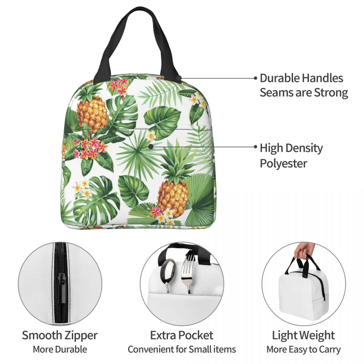 Tropical Fruit Flower Floral Green Plant Lunch Bag Portable Insulated Canvas Cooler Thermal Picnic Work Lunch Box for Women Girl