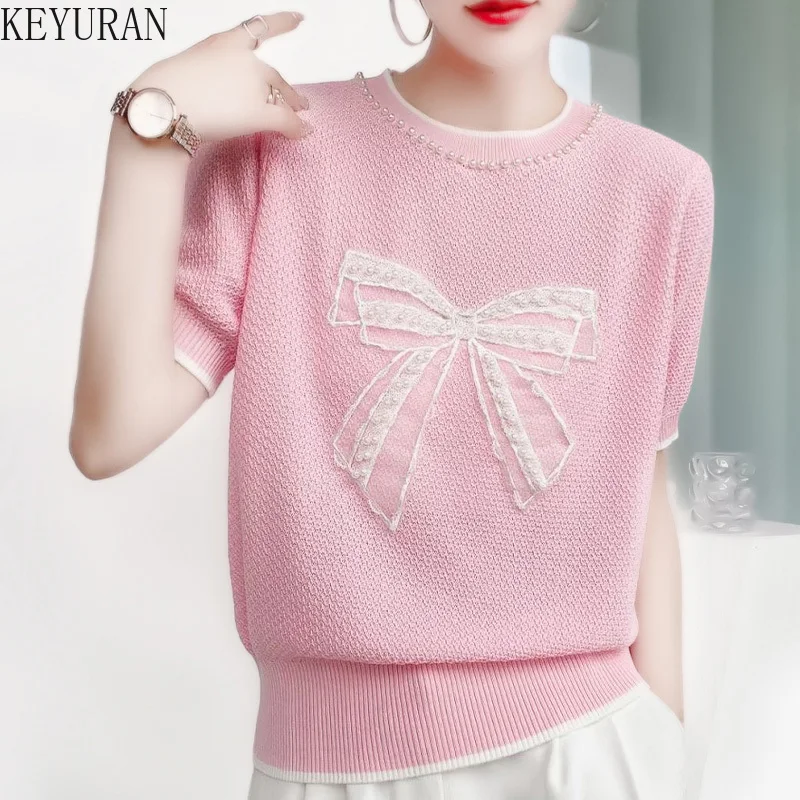

2022 Summer New Short Sleeve O-neck Bow Pearl Beading Sweater Women Cute Loose Knitted T Shirts Woman Pullover Knitwear Tops