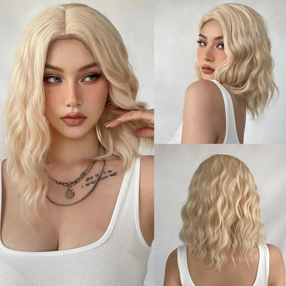 Hellgoldene, kurze, gewellte Bobo-Perücke, blonde synthetische Naturhaarperücke für Frauen, tägliches Cosplay, hitzebeständige Mittelteilperücke_voghion.com