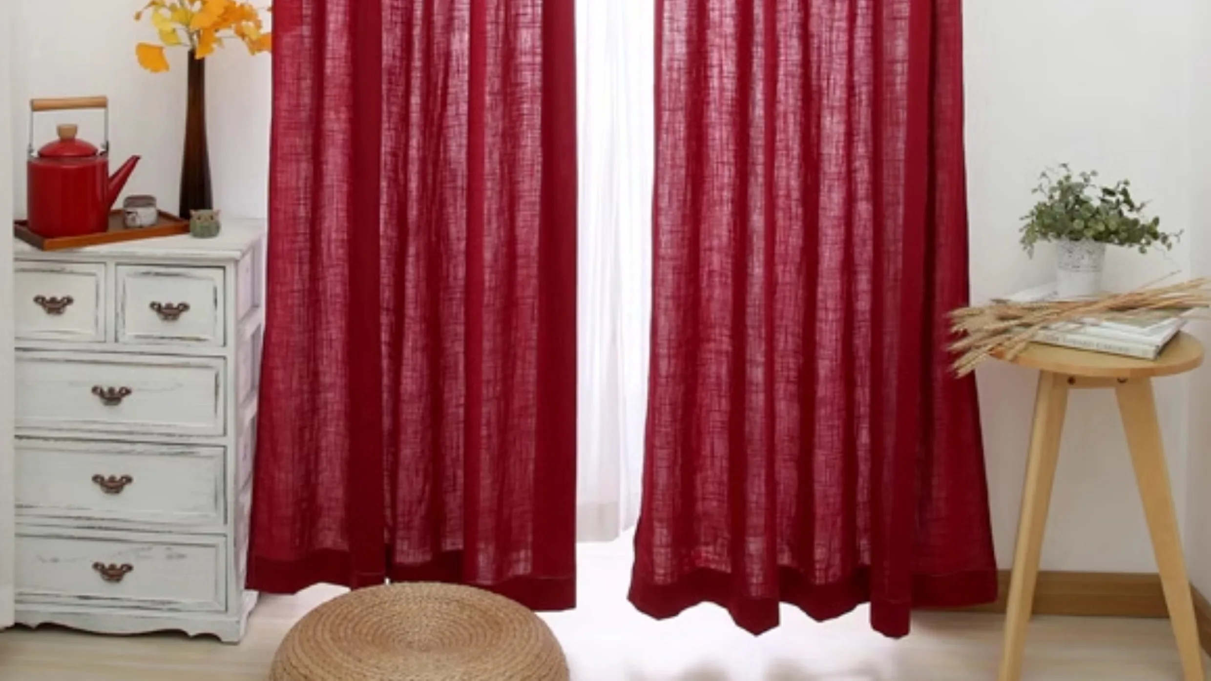 Retro Burgundy Cotton and Linen Curtains B&B Curtains for Living Dining Room Bedroom 4