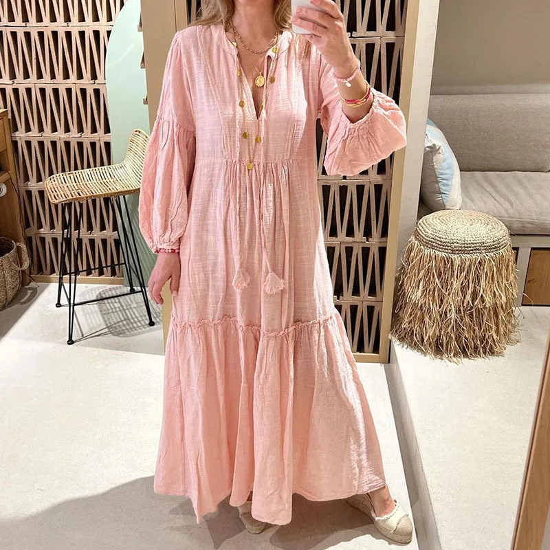 

Women Casual Loose Long Sleeve Solid Vintage Dress Chic Spring Summer Tie Collar V-neck Pullover Beach Dresses Bohe Long Dress