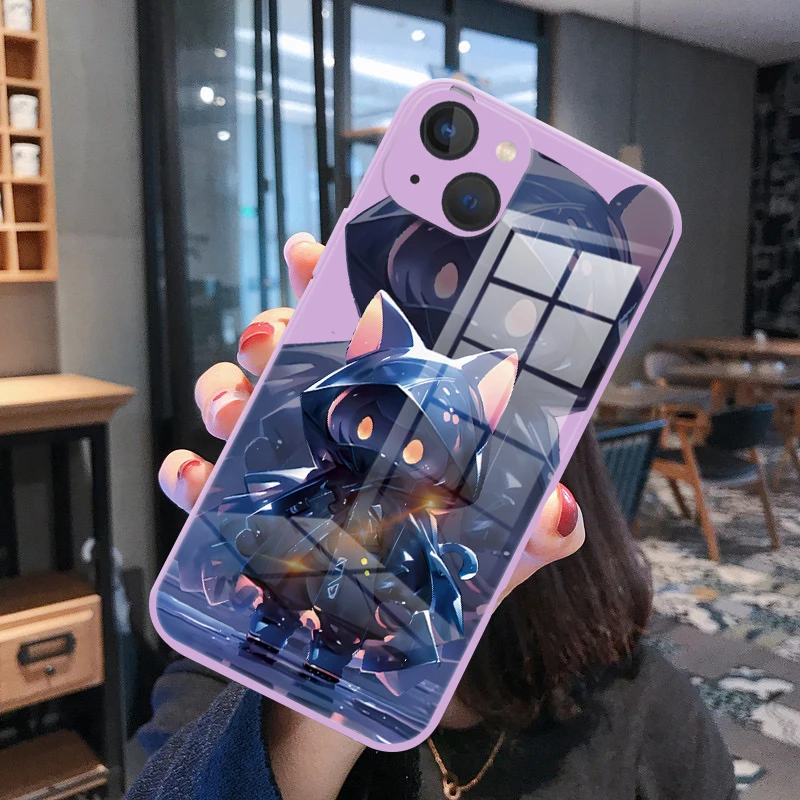 Couple Coole cartoon cat Phone Cover For iPhone 11 12 13 14 15 Pro Max X XR XS Max 8 14 15 Plus Color Tempered Glass bumper Case- Sf33a7c9227634e3a9eba319c24b4fe7eh