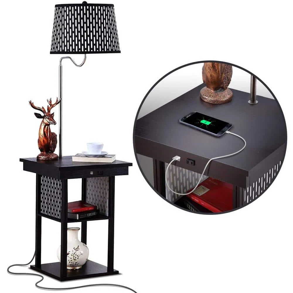 US Madison 56 in. Classic Black Mid-Century Modern LED Bedside Table Lamp with Fabric Drum Shade and Built-In USB Port