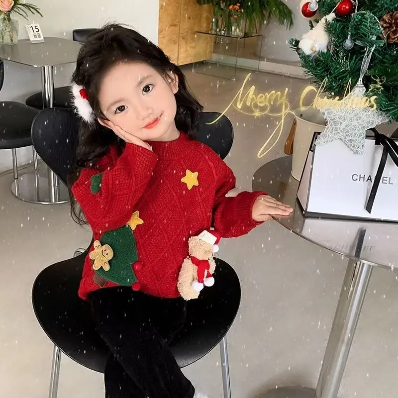 여아용 O넥 풀오버 뜨게 스웨터, 따뜻한 크리스마스 코튼 의류, 아동복, 겨울