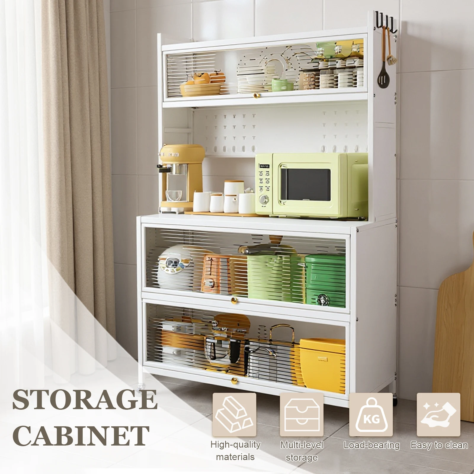 Wheeled Sideboard Kitchen Rack with Locker Hole Board Multi-Layer Floor Storage Cabinet Wear Resist Microwave Oven Pot Oven Rack