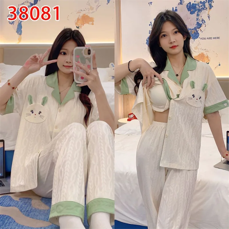 New Short Sleeve Sleepwear Women Matching Home Set Cotton Loose Sweet Cartoon Prints Leisure Thin Nightwear for Summer