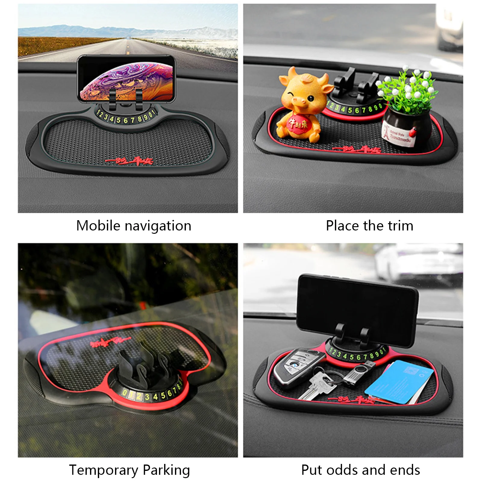 Car Instrument Panel Mobile Phone Bracket Anti-Slip Mat Universal 3-in-1 Car Parking Number Plate With Hidden Number Plate