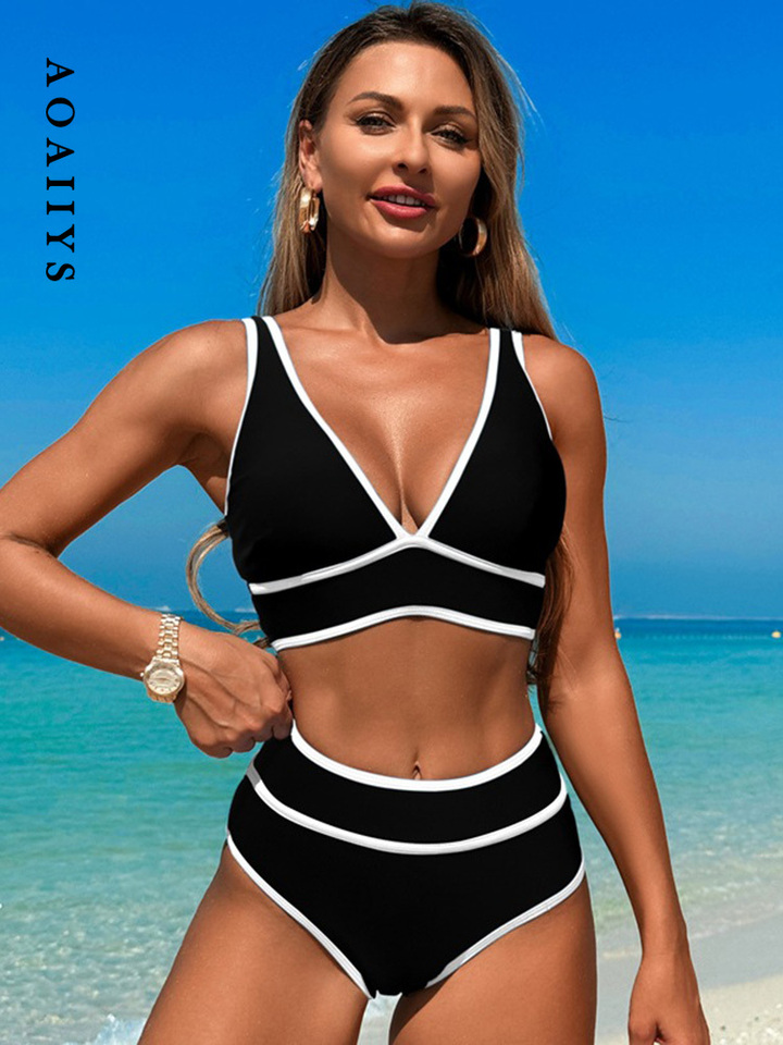 Aoaiiys Bikini Set Women Swimsuit Contrast Color Two-Piece Backless Female Swimwear Bathing Summer Fashion Vacation Beachwear