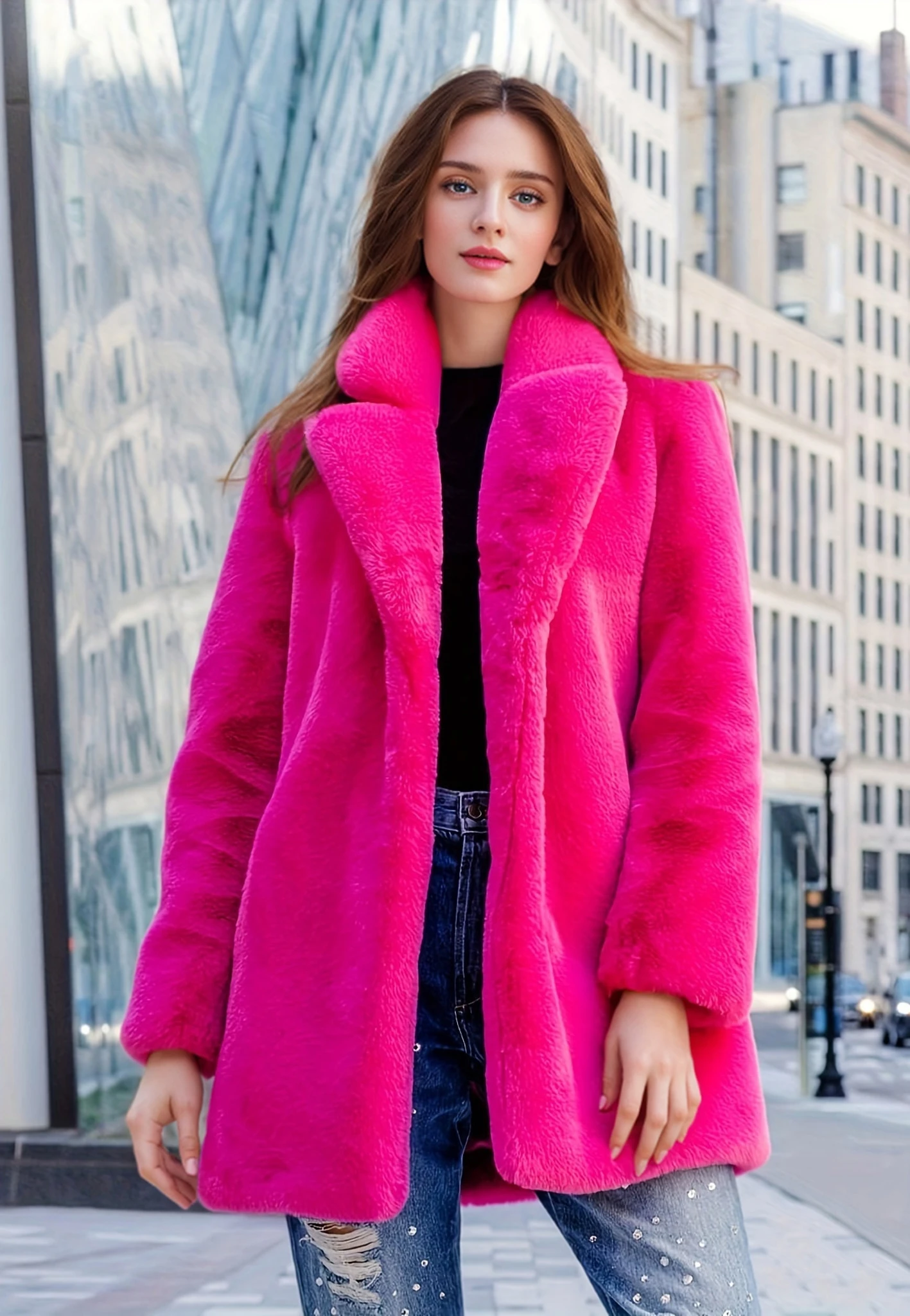 Elegant Directional Faux Rex Rabbit Fur Coat for Women - Mid-Length Solid Color Coat ,Fall Winter Casual Commuter Outerwear