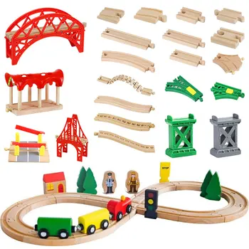 Train Wooden Railway Toys Wood Train Rail Set Compatible With Wood Trains Track Traffic Light Bridge Accessories For kids Gift