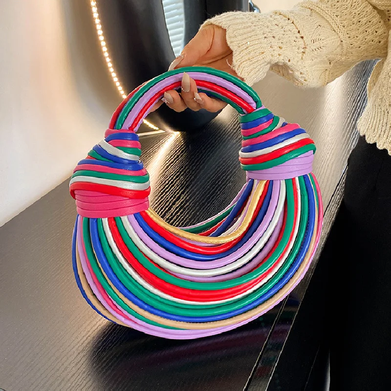

Weave Handbags For Women Color Matching Ladies Clutch Bags Rainbow Lines Fashion Designers Dinner Bags Zipper Open New Trendy