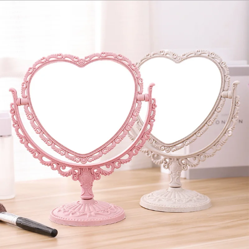 Heart Shaped Makeup Mirror Vintage European Style Acrylic Single Side 360 Degree Swivel Desktop Tools