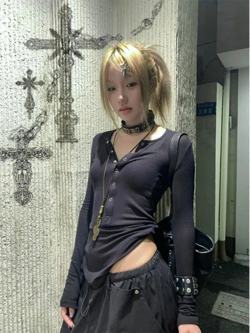 Tonngirls Y2k Japanese T Shirt Women Lace Long Sleeve Print Graphic Tops Streetwear American Retro 90s Crop Tops Autumn Tshirts 2