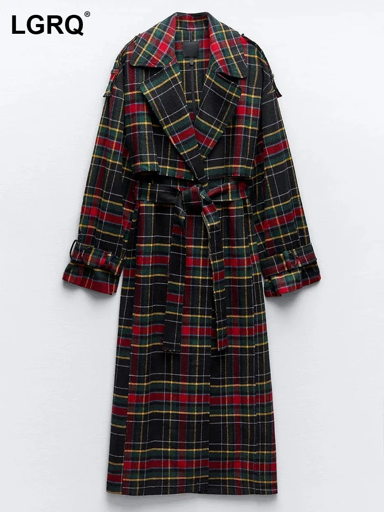 

LGRQ 2024 Fashion Elegant Plaid Pattern Design Loose Belt Decorate Casual British Trench Coat Women High Quality Clothes 19Z1839