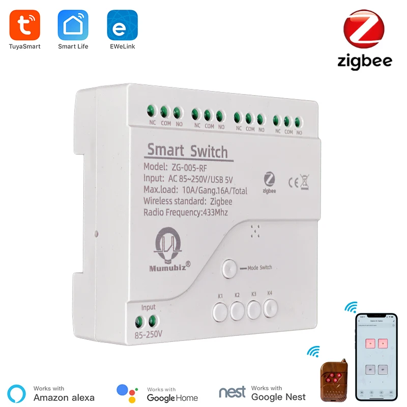 

Tuya Smart Inching Zigbee 220V Switch 4 Channel With Ding Rail Housing ,Works with Alexa, Smart Life ,eWelink APP Remote Control