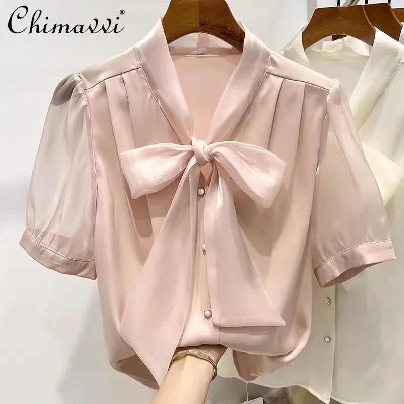 V-neck Short-Sleeve Chiffon Shirt for Women 2023 Summer New Solid Color Collar Organza Lace-up Single-Brewed Blouses Tops Mujer sweet bowknot square collar short sleeve maternity summer organza shirts plus size princess dress clothes pregnant woman blouses