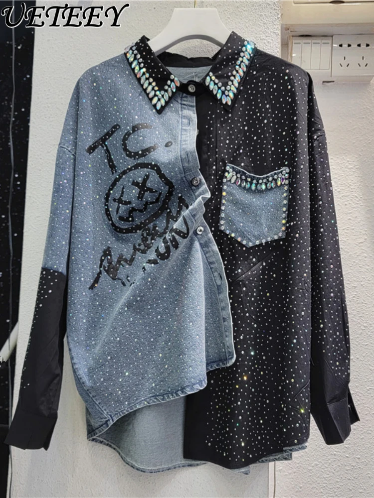 

Beaded Rhinestone Stitching Cowboy Black Shirt Women's European Station 2024 Spring Autumn New Blouse Loose Mid-Length Tops
