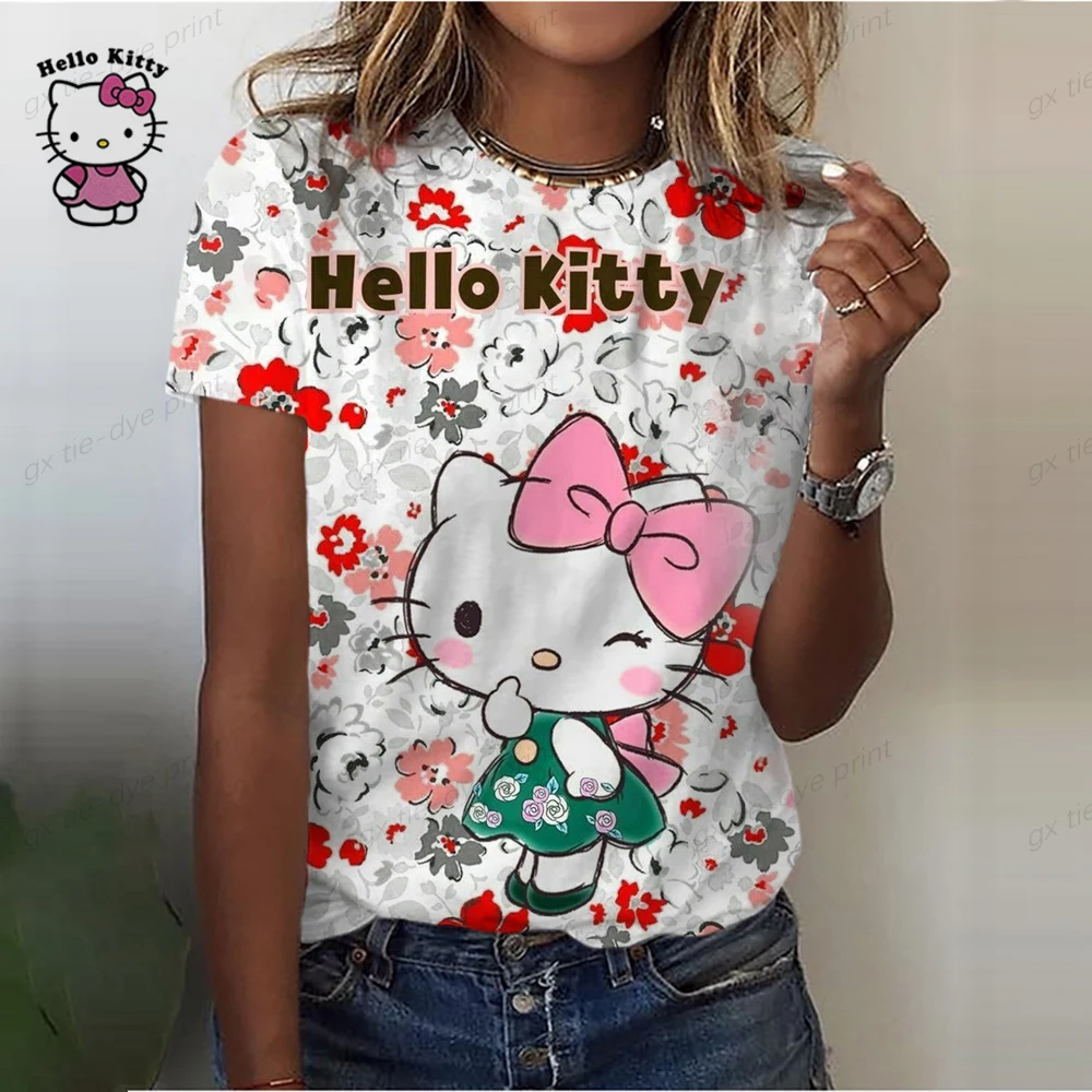 thumbnail image 1 of Camiseta informal de manga corta a color para mujer, camisetas de cuello redondo estilo Harajuku, camisetas con estampado de dibujos animados de Hello Kitty, camisetas gráficas kawaii para mujer, 1 of 5