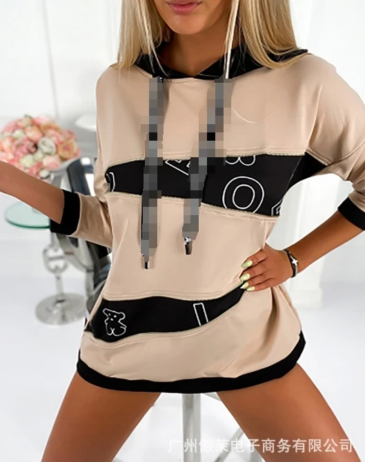 Leisure Pullover Hoodie for Women's Autumn and Winter Abstract Printed Color Block Patchwork Long Sleeved Hooded Hoodie