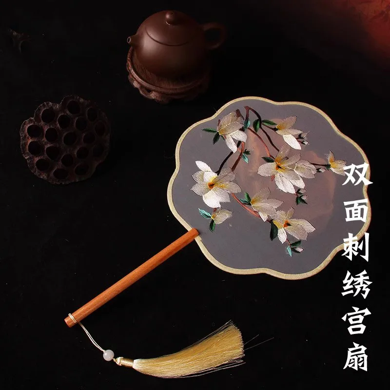 Chinese Round Silk Fan Double-Sided Embroidery Handmade Vintage Palace Fan for Hanfu Cheongsam Dance Performance Costume