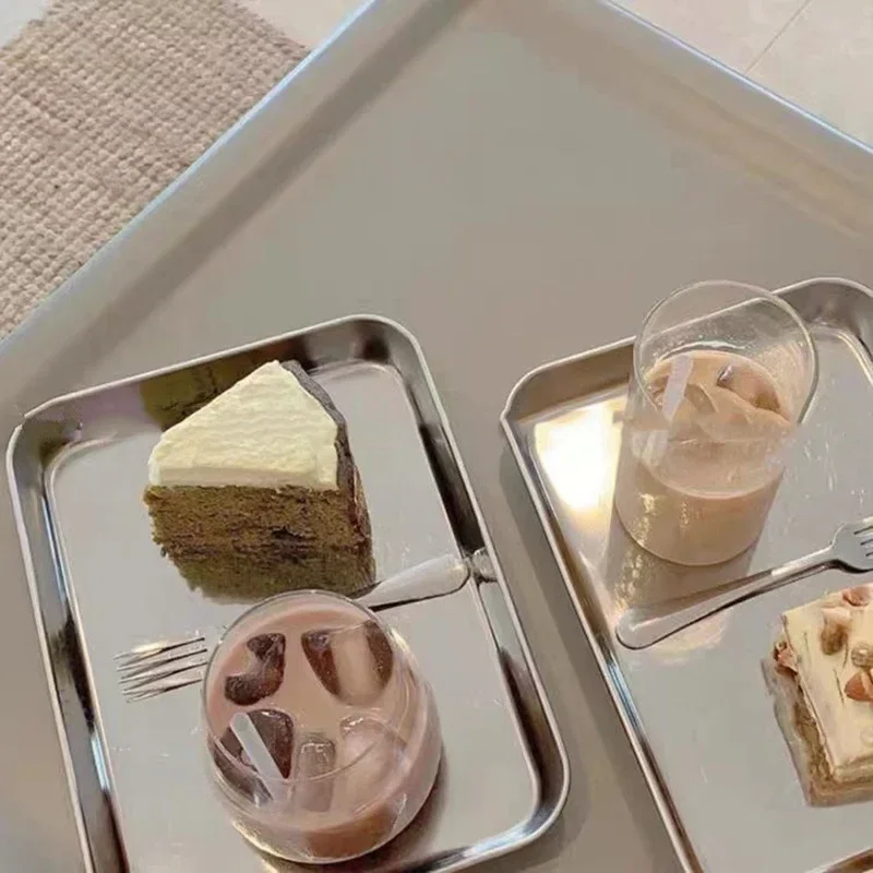 Korean Ins Stainless Steel Dining Plate Nordic Rectangular Dessert Industrial Style Cafe Tray Storage Snack Cake