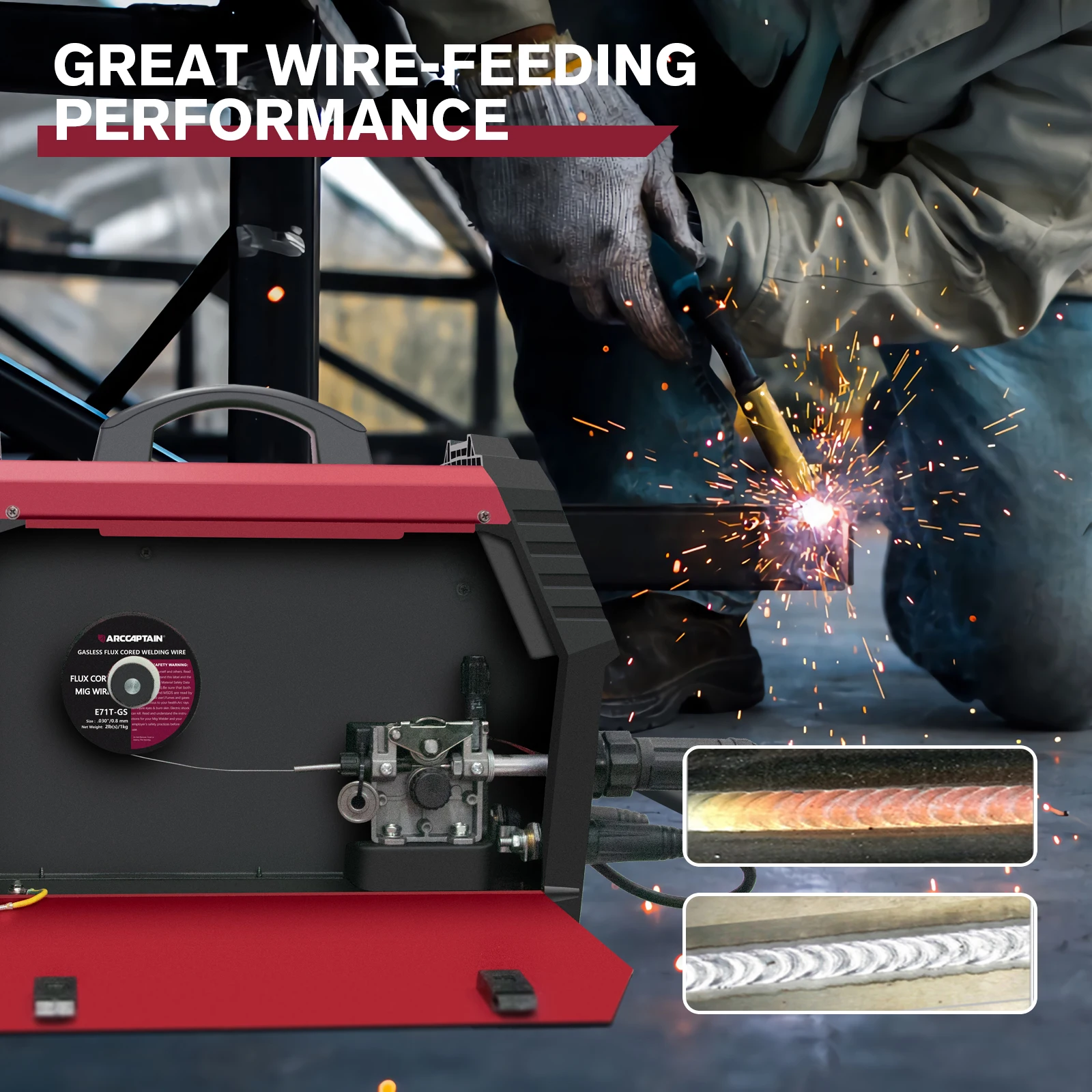 Welding Wires ARCCAPTAIN Gasless Flux Cored MIG Welding Wires 0.8mm/0.9mm 1KG 2Ib E71T-GS AWS A5.20 Carbon Steel Wire For Mig Welding Machine