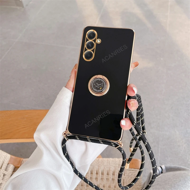 Luxury Plating Crossbody Lanyard Case with Ring Holder - Elegant Back Cover Accessory