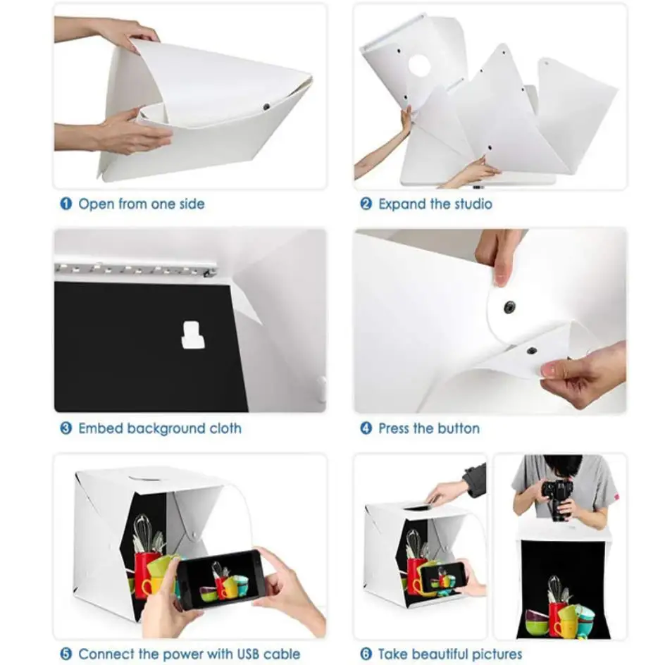 OBEST Boîte à lumière Photographie 30x30x30cm,Studio Photographique Portable Pliable,Boîte de Photographie avec Panneau de 120 Perles LED,12 Types de fond de tir en couleur, facile à installer
