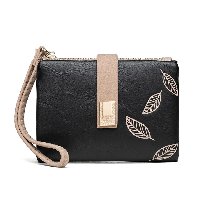 

Fashion Female Wallet Short Leaf Print Women Wallet Lady Small Nubuck Leather Purse Girl Card Holders Wallet With Wrist Strap