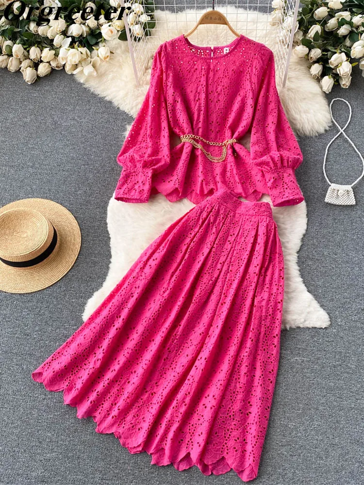 

High Quality Vintage Embroidery Hollow out Cotton Two Piece Set Women Casual Lantern Sleeve Blouse Top+Long Skirt Suits Female