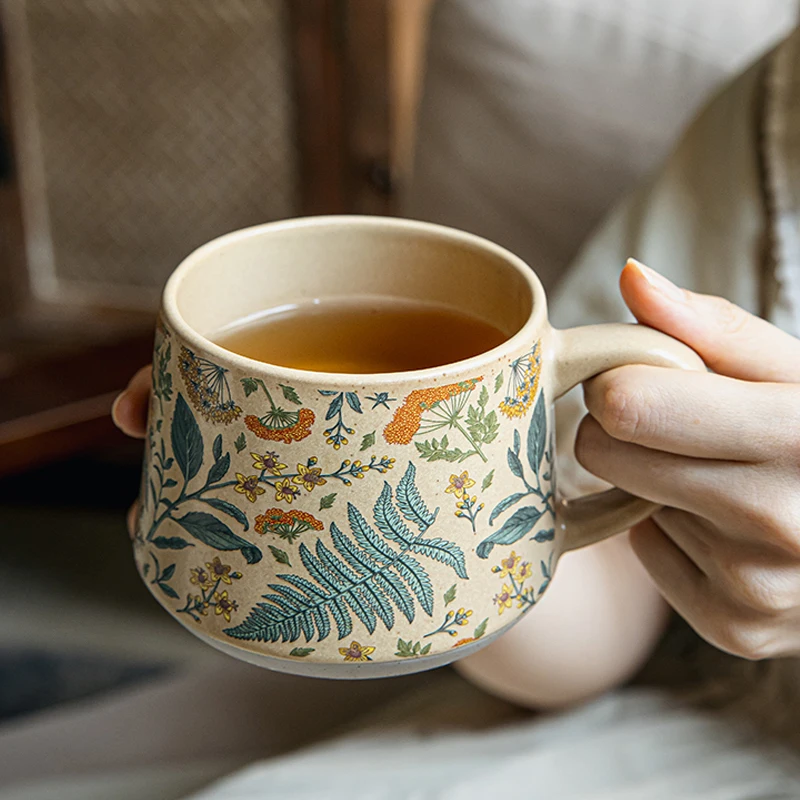 Chinese Style Ceramic Cute Mug, Home Personal Office, Creative With lid Spoon, Floral Pattern, Milk Water Coffee Cup, 360ml, 1Pc