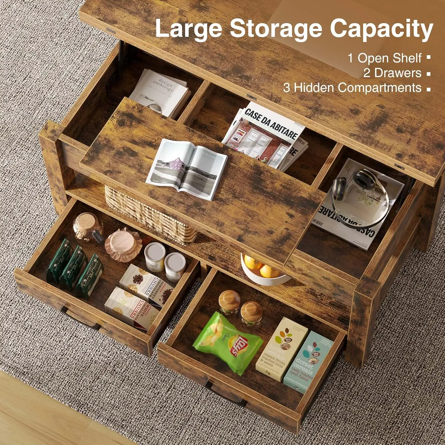 Multi-Function Convertible Coffee Table with Drawers and Hidden Compartment CoffeeTableConverts to Dining Table for Living Room 6