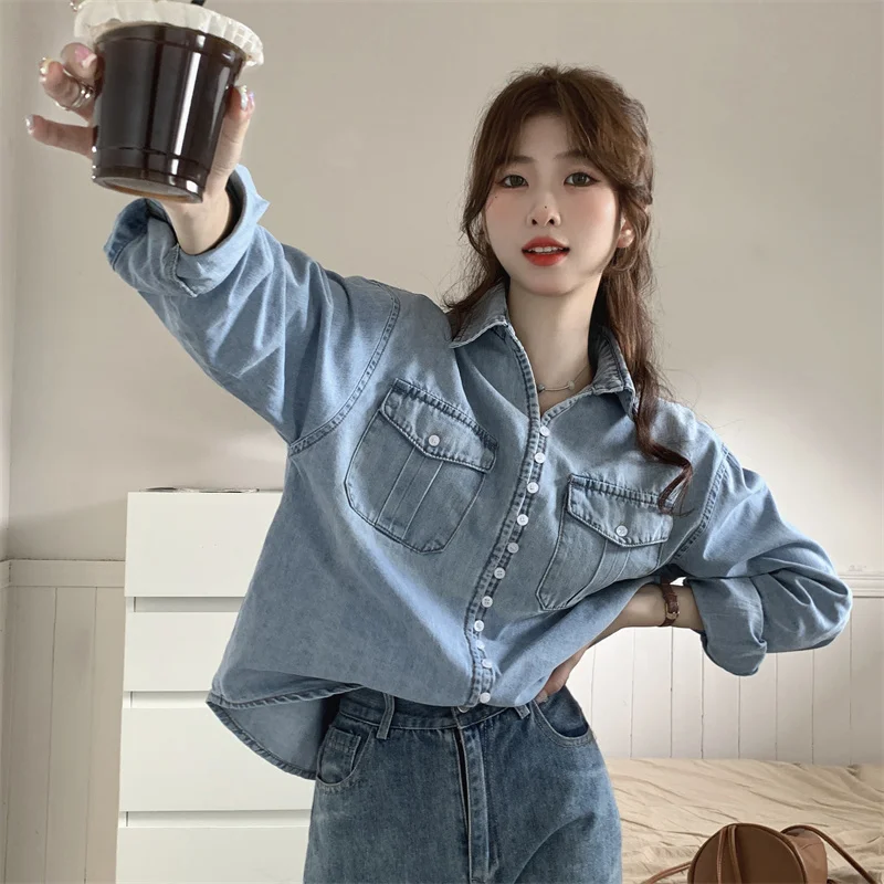 

2022 Winter New Women's Denim Shirt South Korean Single Breasted Popular Design Feeling Fashion Versatile Free Shipping
