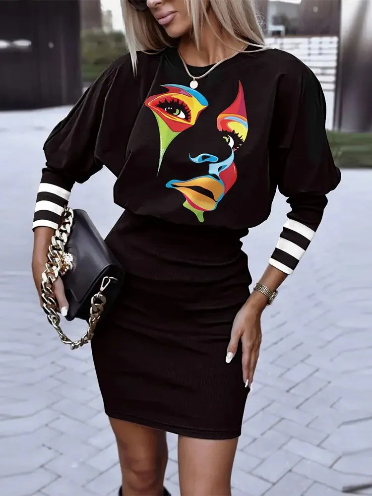 

Female Colorful Face Print Chic Party Club Dress Women Slim Fit Long Sleeve Office Mini Dress Casual Streetwear Round Neck Dress