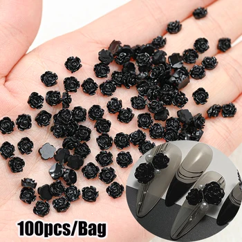 100Pcs Black 3D Camellia Flower Nail Charms Nail Art Decoration Flatback Rose Flower Nail Rhinestone Gems Manicure Nail Jewelry 1