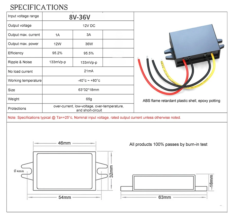 Description Picture 2 of item8-36V to 12V 24V Voltage Stabilizer Step-down/up Car Boat Power Supply Buck Boost DC DC Converter Voltage Regulator ﻿12v 3a 30V