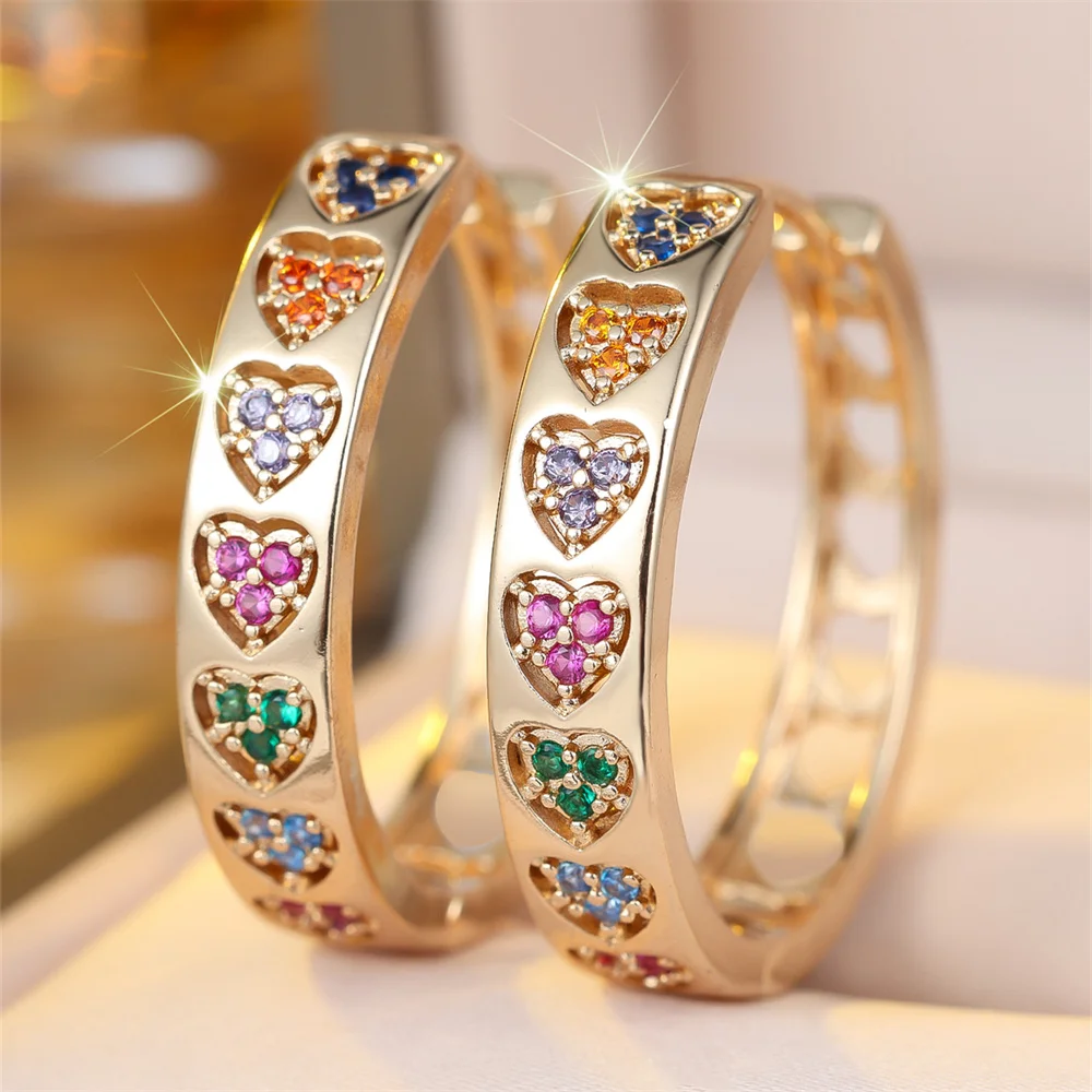 Single Row Love Heart Rainbow Zircon Round Stone Hoop Earrings For Women Vintage Gold Color Tiny Ear Buckle Wedding Jewelry Gift