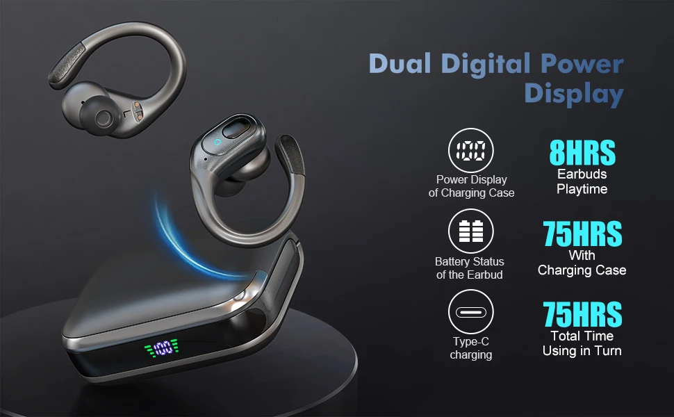 Description Picture 6 of itemWireless Earbuds Bluetooth 5.3 Earphones 75hrs Playtime EAC Noise Reduction Sports Headphones Earhook Deep Bass IPX7 Waterproof