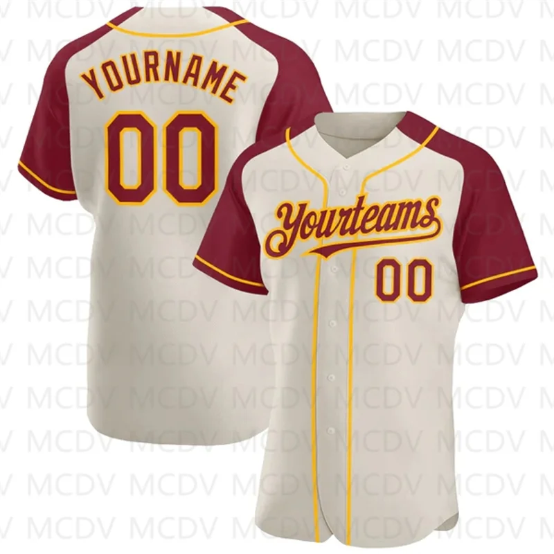 

Custom Crimson-Gold Authentic Raglan Sleeves Baseball Jersey 3D Printed for Men and Women Casual Team Shirts Unisex Tops