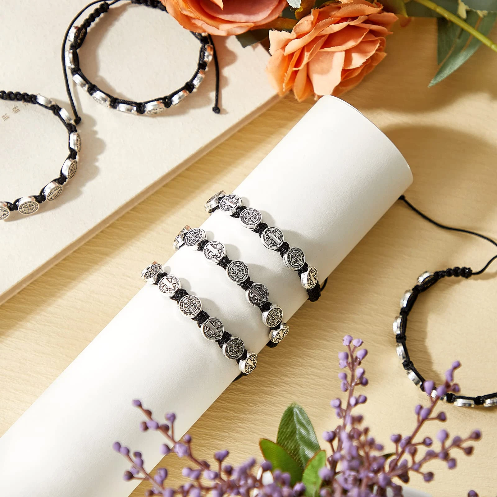 12PCS/Pack San Benito Bracelets Protection Red Black Cord Benedict Medal Rosary Blessing Friendship Bracelet for Women Men