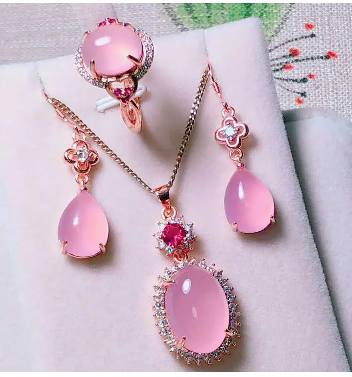 

JADERY NATURAL PINK CHALCEDONY JADE GEMSTONE JEWELRY SETS ROSE GOLD 925 STERLING SILVER WOMEN JEWELRY SET PARTY FINE JEWELRY 328