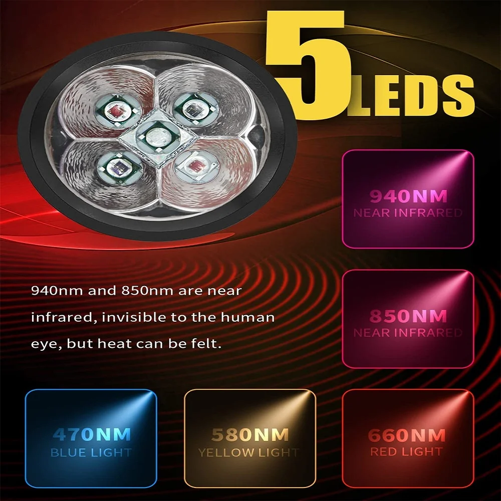 Red & Blue Light Therapy Device with 5 Wavelengths Near Infrared 940nm Light Therapy for Body Relief Acne Promotes Wound Healing